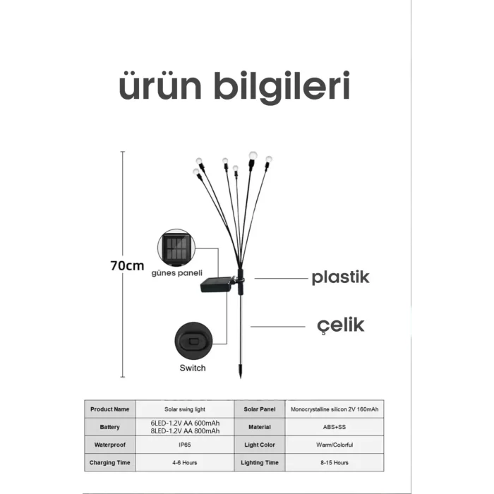 2 Adet Sarı Işık 6 Dal Işık Buketi Ateş Böceği Modeli Bahçe Solar Güneş