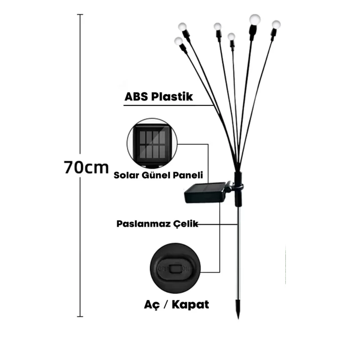 2 Adet Sarı Işık 6 Dal Işık Buketi Ateş Böceği Modeli Bahçe Solar Güneş