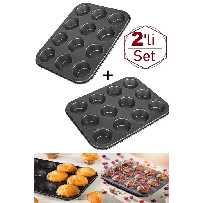 12 Bölmeli Muffin Kek Kalıbı 2 Li Set Yanmaz Yapışmaz Çörek Cupcake