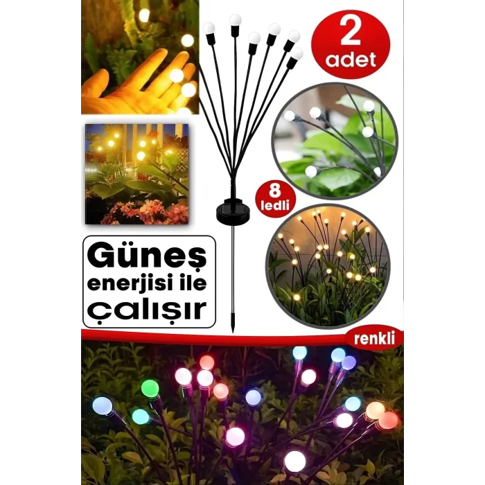 8 Ledli Güneş Enerjili Bahçe Aydınlatması Lamba Solar Renkli Işık Ateş Böceği Peyzaj Süs Çiçeği
