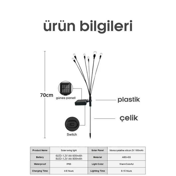 6lı Güneş Enerjili Led Işık Renkli Işık Solar Bahçe Çiti Dış Mekan Peyzaj 2 Modlu Bahçe