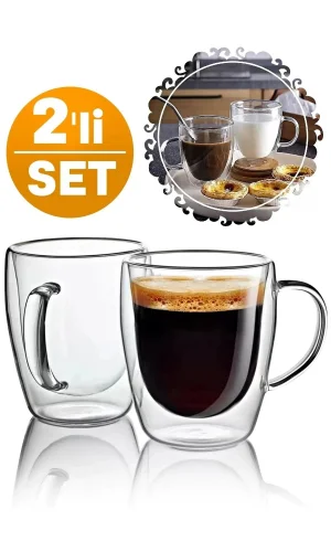 Çift Cidarlı Bardak Cam Kupa 310 Ml Ev Ofis Espresso Kahve Fincanı Borosilikat Kulplu Çay Bardağı El