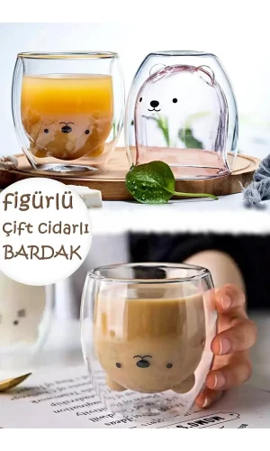 250ml Çift Camlı Cidarlı Sevimli Kedicik Süt Çay Kahve Su Kupa Bardağı Ev Ofis Isı Yalıtımlı Bardak