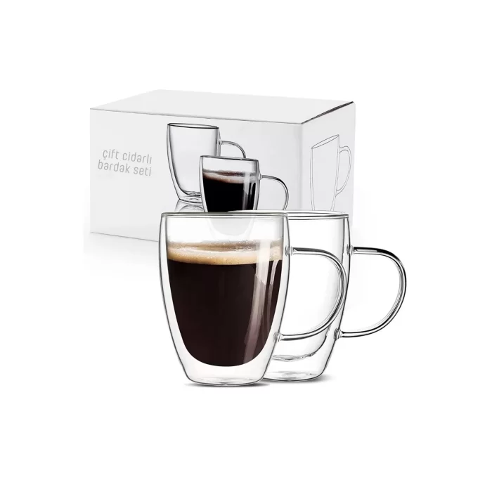 Çift Cidarlı Bardak Cam Kupa 310 Ml Ev Ofis Espresso Kahve Fincanı Borosilikat Kulplu Çay Bardağı El