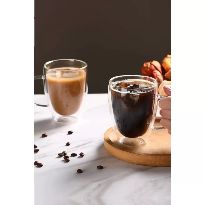 Çift Cidarlı Bardak Cam Kupa 310 Ml Ev Ofis Espresso Kahve Fincanı Borosilikat Kulplu Çay Bardağı El