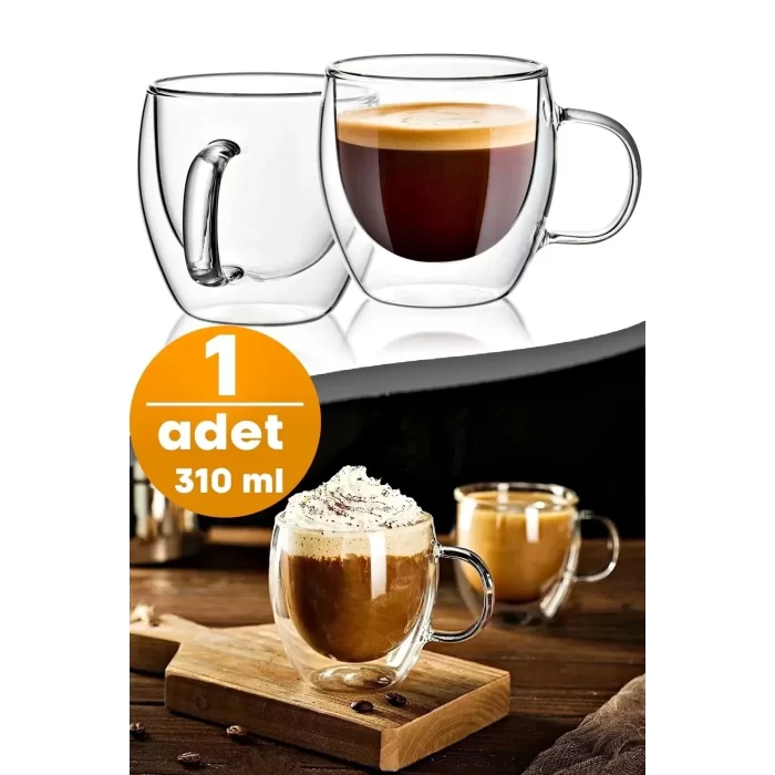 Çift Cidarlı Bardak Cam Kupa 310 Ml Ev Ofis Espresso Kahve Fincanı Borosilikat Kulplu Çay Bardağı El