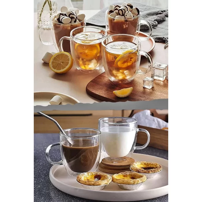 Çift Cidarlı Bardak Cam Kupa 310 Ml Ev Ofis Espresso Kahve Fincanı Borosilikat Kulplu Çay Bardağı El