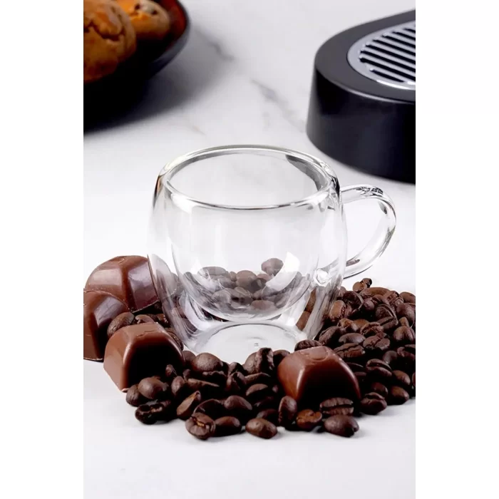 Çift Cidarlı Bardak Cam Kupa 310 Ml Ev Ofis Espresso Kahve Fincanı Borosilikat Kulplu Çay Bardağı El