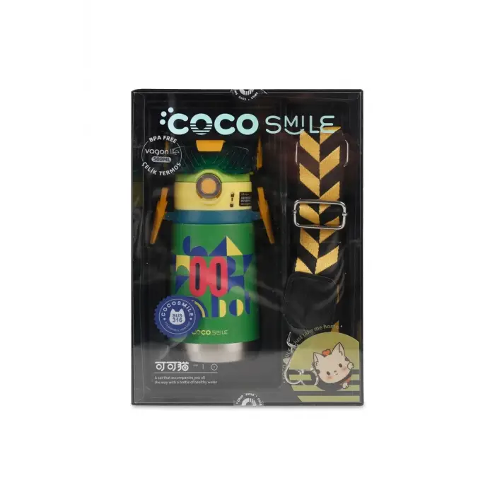 Cocosmile CS-0001 500Ml YEŞİL Pipetli -Boyun Askılı Çelik Termos