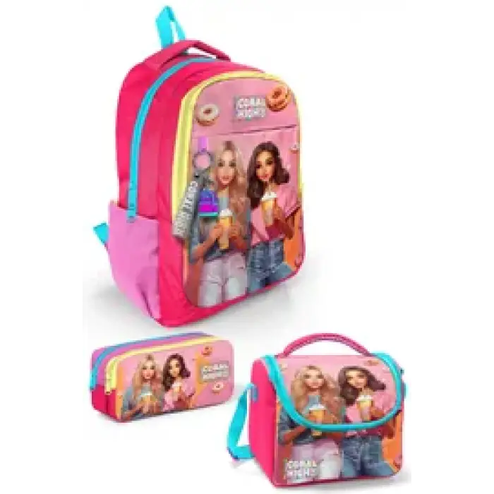 Coral High Kids Pembe Neon Mercan Fashion Girl Desenli Çanta Seti