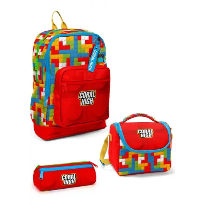 Coral High Kids Renkli Blok Desenli Çanta Seti