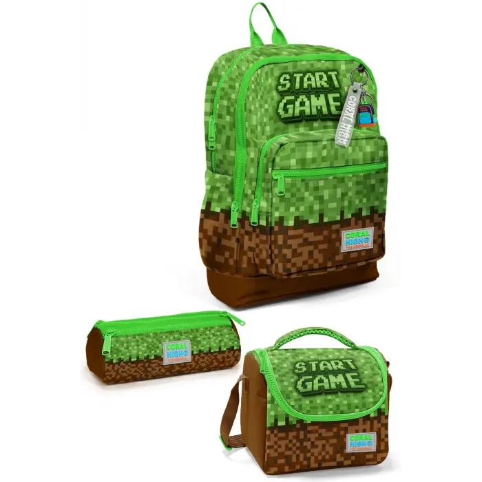 Coral High Kids Yeşil Kahverengi High Mine Craft Desenli Çanta Seti
