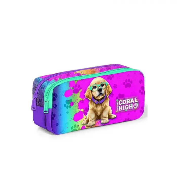 Coral High Mor Pembe Köpek Desenli İki Bölmeli Kalem Çantası 12082