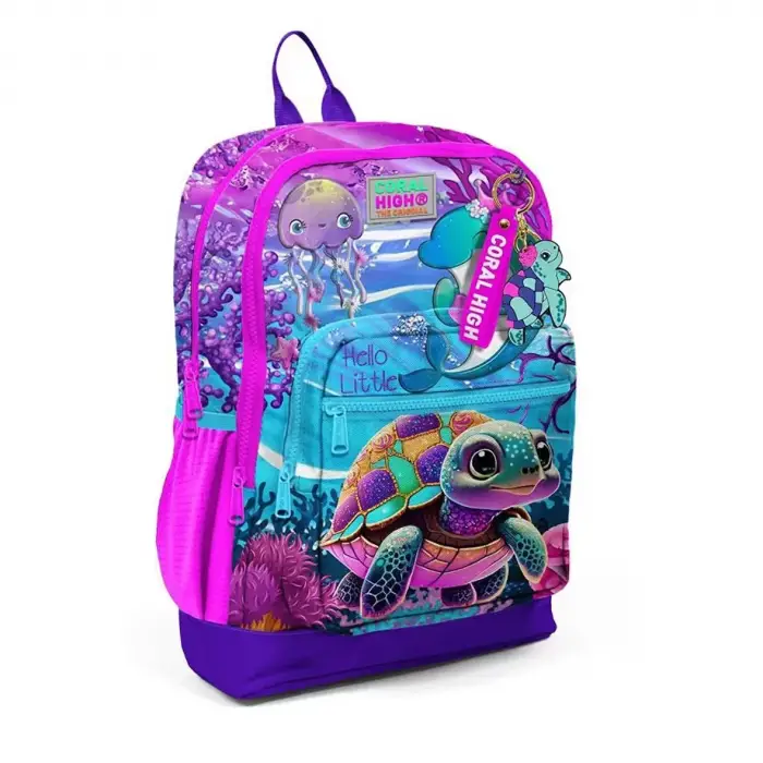 Coral High Pembe Mor Kaplumbağa Desenli Dört Bölmeli Okul Sırt Çantası 23756
