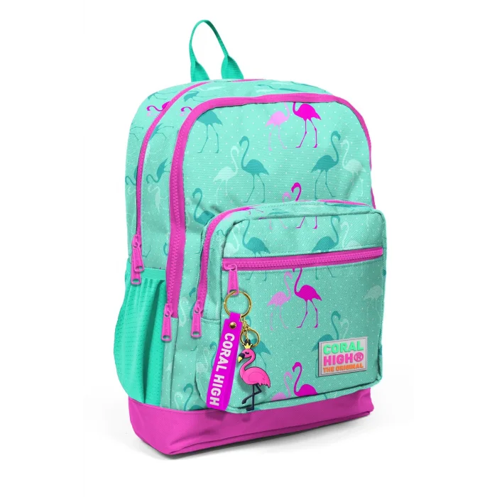 CORAL HIGH KIDS SU YEŞİLİ NEON PEMBE FLAMINGO DESENLİ DÖRT BÖLMELİ OKUL SIRT ÇANTASI 23111
