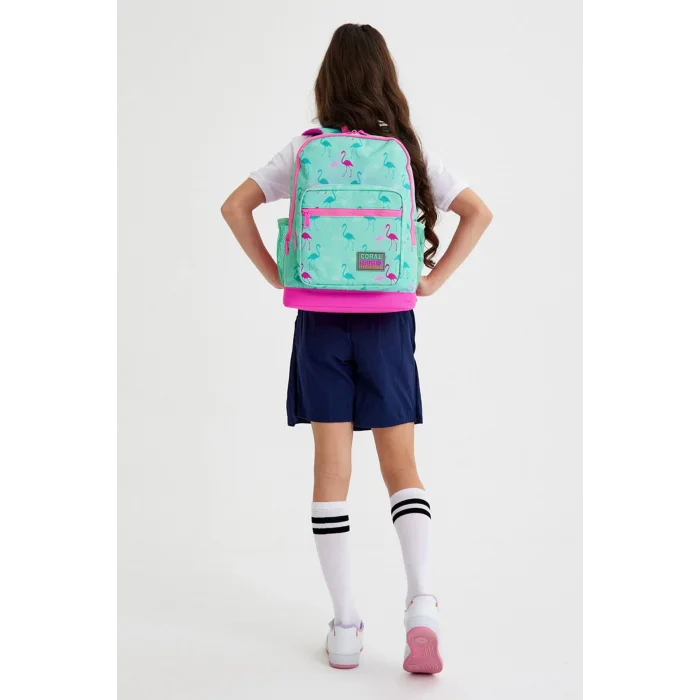 CORAL HIGH KIDS SU YEŞİLİ NEON PEMBE FLAMINGO DESENLİ DÖRT BÖLMELİ OKUL SIRT ÇANTASI 23111