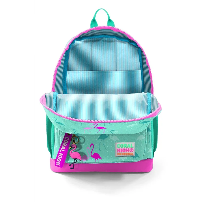 CORAL HIGH KIDS SU YEŞİLİ NEON PEMBE FLAMINGO DESENLİ DÖRT BÖLMELİ OKUL SIRT ÇANTASI 23111