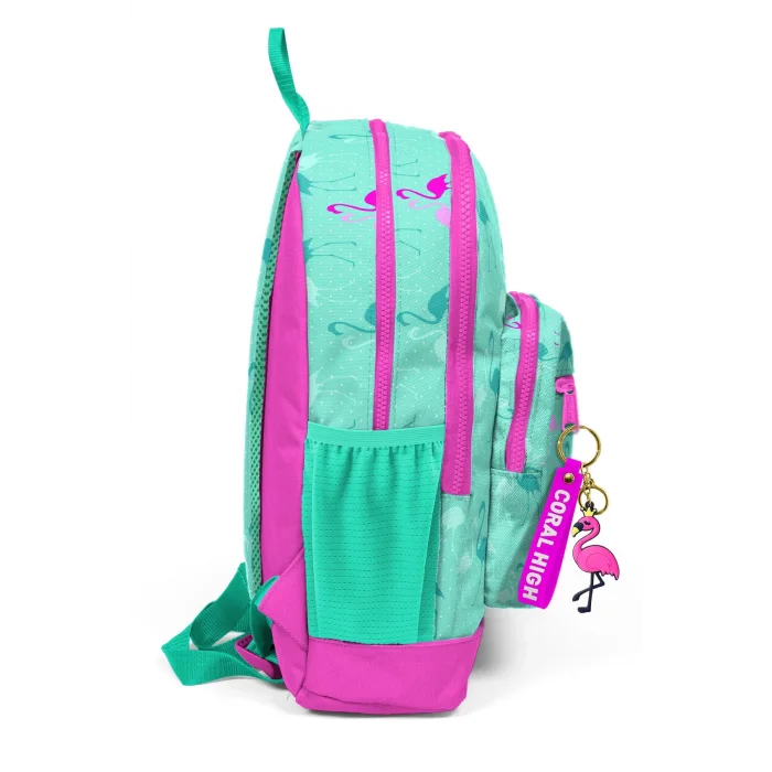 CORAL HIGH KIDS SU YEŞİLİ NEON PEMBE FLAMINGO DESENLİ DÖRT BÖLMELİ OKUL SIRT ÇANTASI 23111