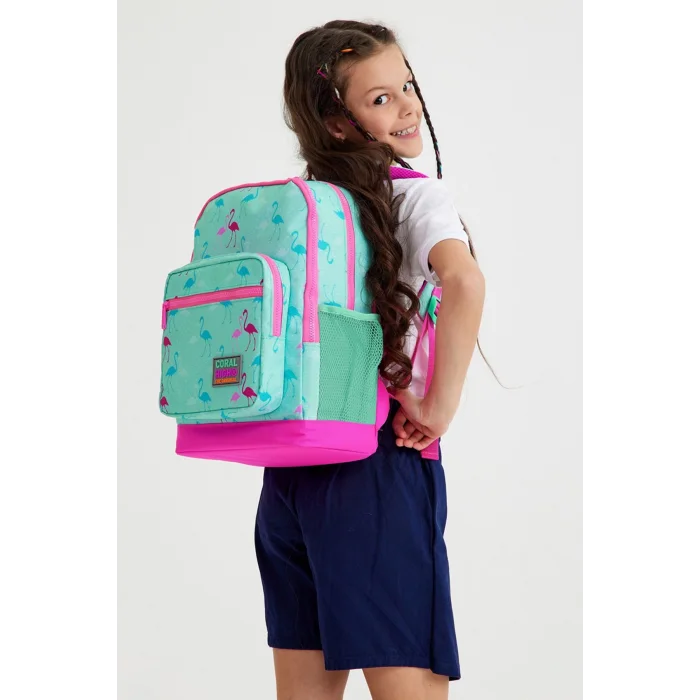 CORAL HIGH KIDS SU YEŞİLİ NEON PEMBE FLAMINGO DESENLİ DÖRT BÖLMELİ OKUL SIRT ÇANTASI 23111