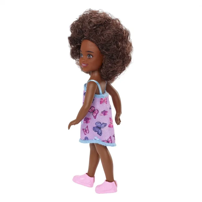 Barbie Chelsea Doll (Curly Brunette Hair) Wearing Butterfly-Print Dress and Pink Shoes, Toy for Kids Ages 3 Years Old & Up