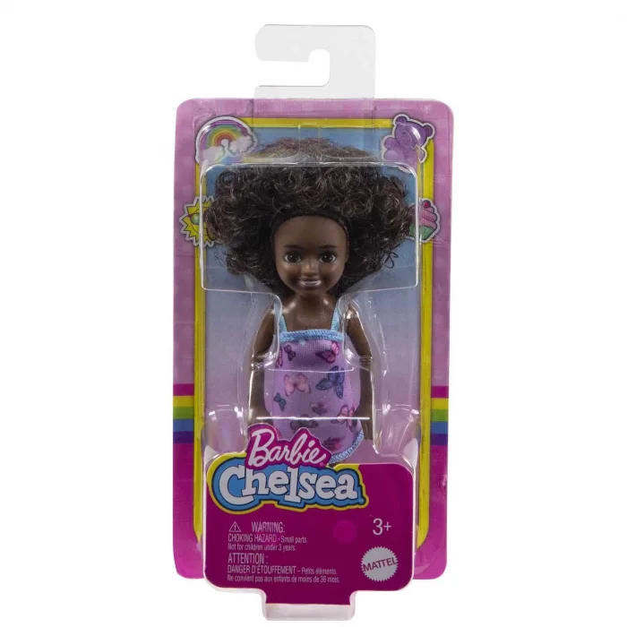 Barbie Chelsea Doll (Curly Brunette Hair) Wearing Butterfly-Print Dress and Pink Shoes, Toy for Kids Ages 3 Years Old & Up