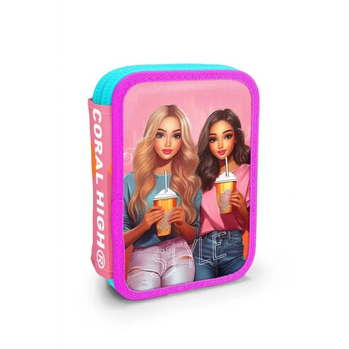 Coral High Kids Pembe Neon Mercan Fashion Girl Desenli Çift Katlı Kalem Çanta 11141