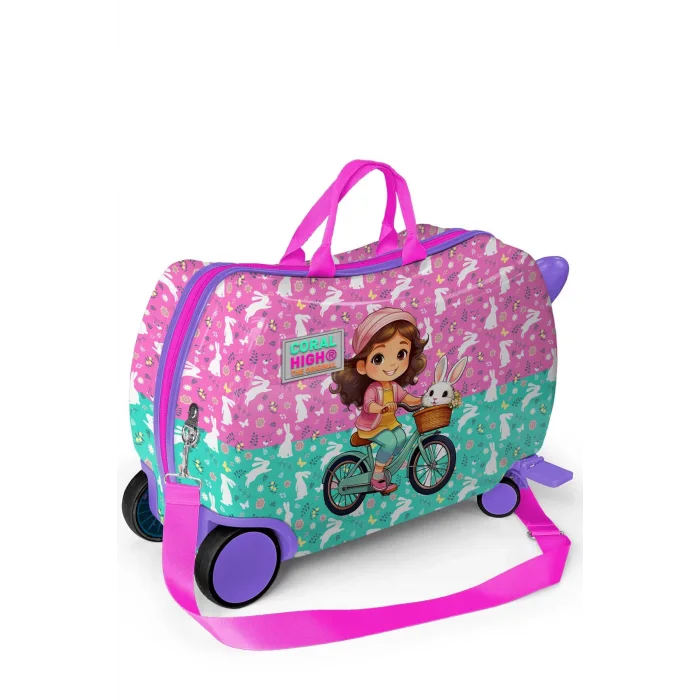 CORAL HIGH KIDS MOR PEMBE BİSİKLETLİ KIZ DESENLİ OTUR-ÇEK ÇOCUK VALİZİ 16356