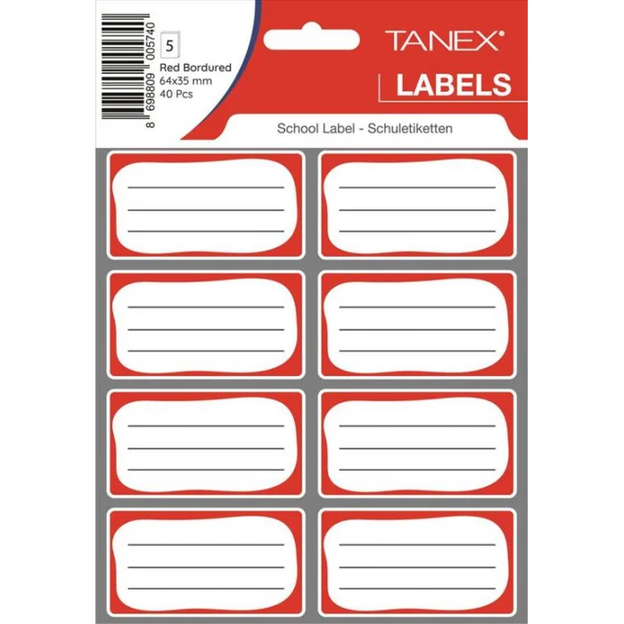TANEX OKUL ETİKETİ BORDÜRLÜ KIRMIZI ÇİFT SIRA 5Lİ