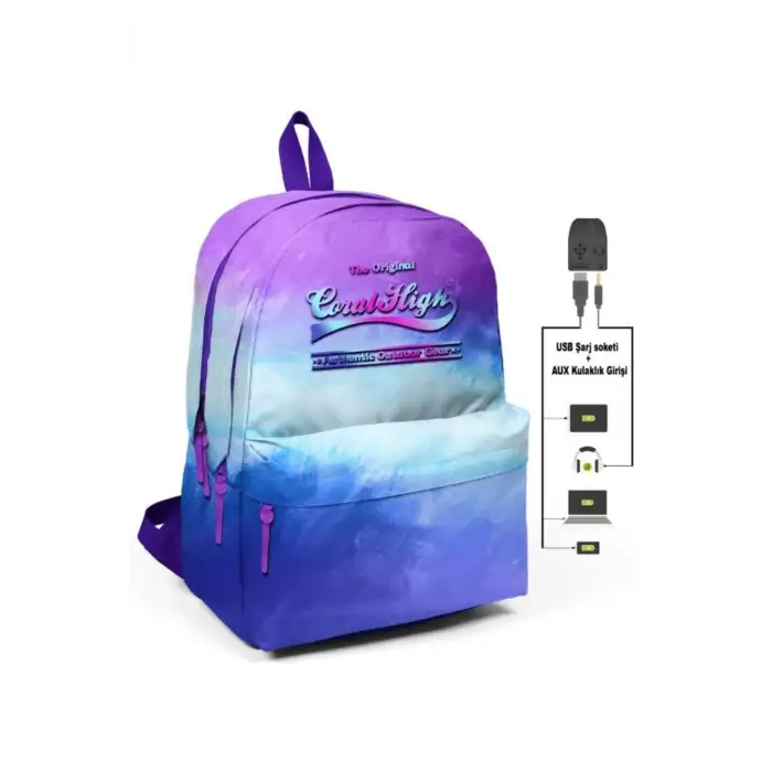 CORAL HIGH MOR MAVİ RENK GEÇİŞLİ ÜÇ BÖLMELİ USB ŞARJLI KULAKLIK ÇIKIŞLI OKUL SIRT ÇANTASI 23425