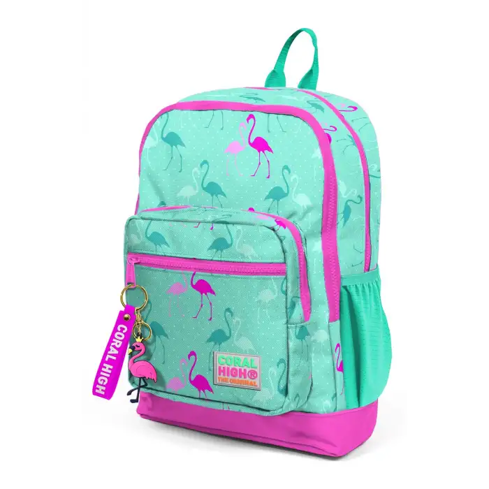CORAL HIGH KIDS SU YEŞİLİ NEON PEMBE FLAMINGO DESENLİ DÖRT BÖLMELİ OKUL SIRT ÇANTASI 23111