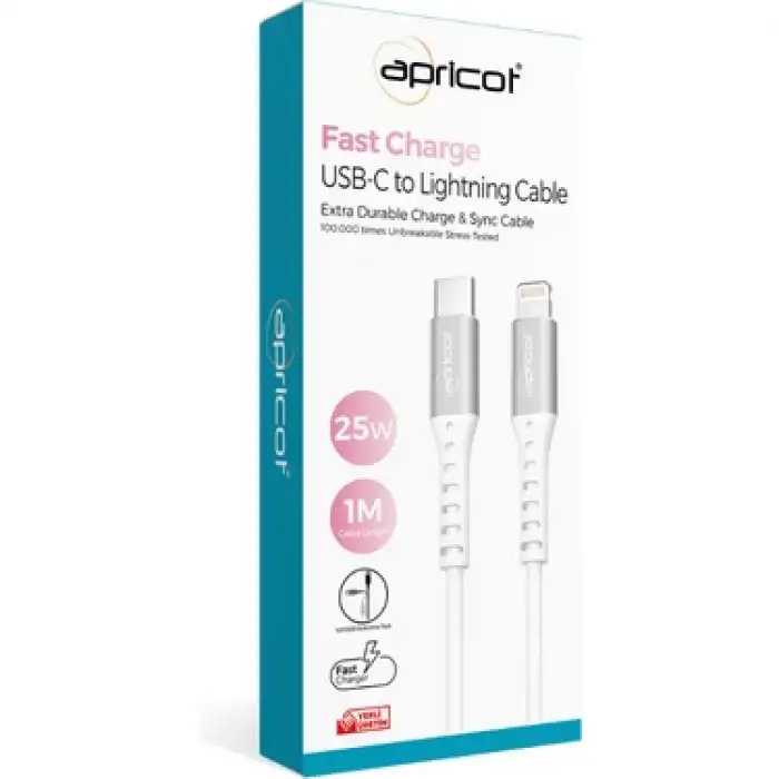 APRİCOT ŞARJ KABLOSU APC-A150L TYPE-C TO LİGHTNİNG BEYAZ 25W
