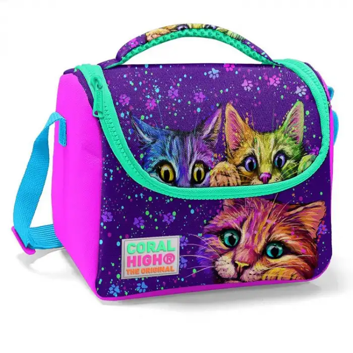 CORAL HIGH KIDS PEMBE MOR KEDİ DESENLİ THERMO BESLENME ÇANTASI 11732