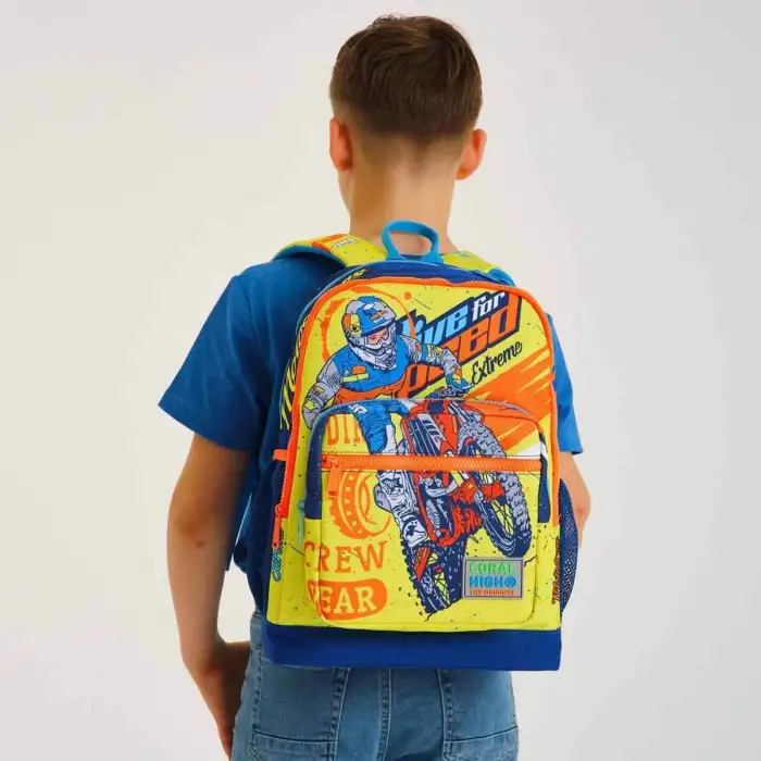 Coral High Kids Fosforlu Sarı Saks Motorsiklet Desenli Dört Bölmeli Okul Sırt Çantası 23742
