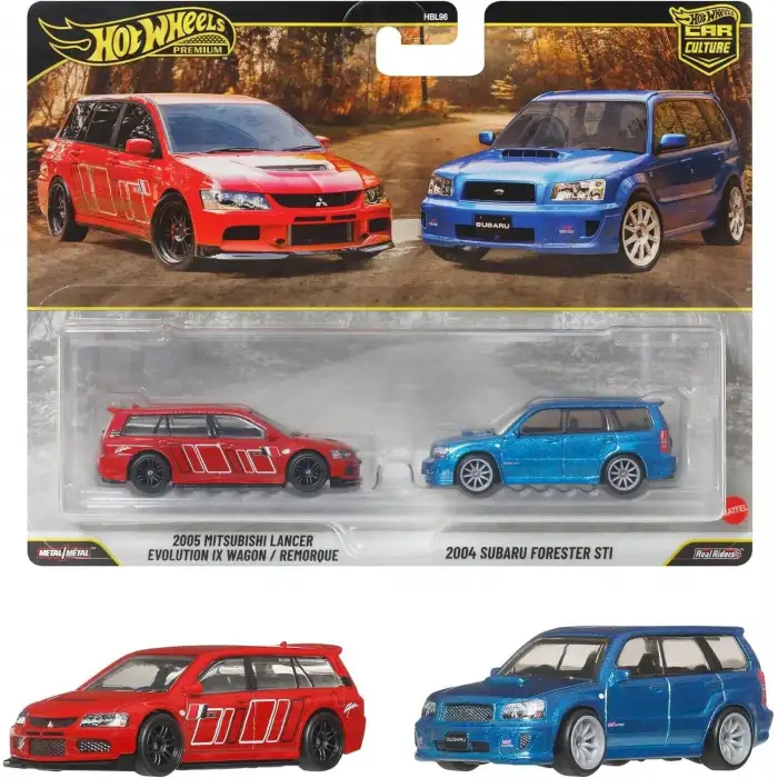 Hot Wheels Premium 2005 Mitsubishi Lancer Evolution IX Wagon ve 2004 Subaru Forester STI 2li Set