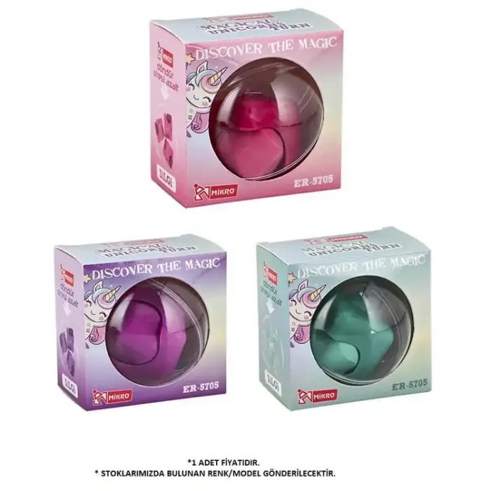 MİKRO ER5705 MAGICAL UNICORN DÖNEN RENKLİ PVC KÜRE KUTULU SİLGİ - TEKLİ