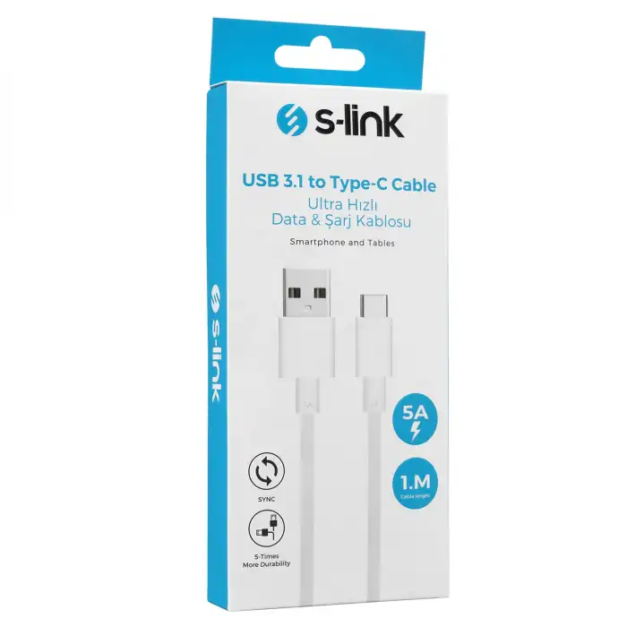 S-link SW-C797 5A Usb 3.1 to Type-C 1m Beyaz Süper Hızlı Data+Şarj Kablosu