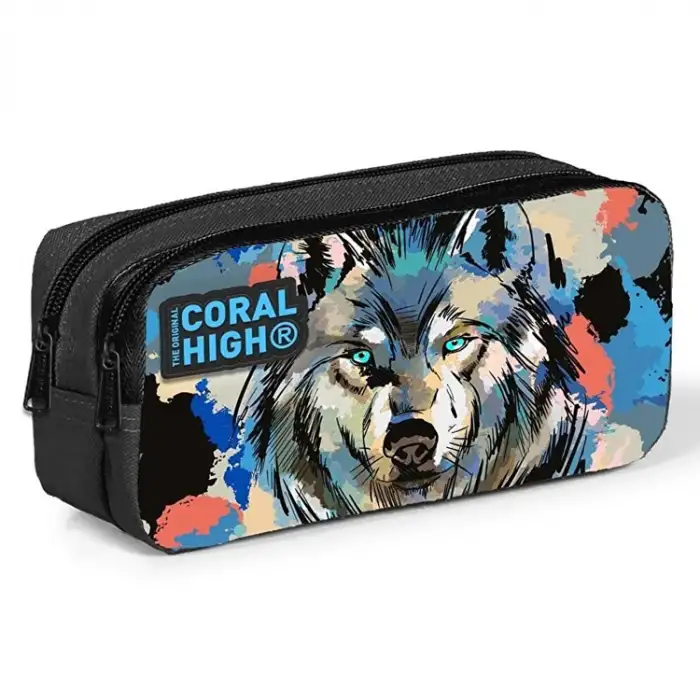 CORAL HIGH KIDS GRİ SİYAH KURT DESENLİ İKİ BÖLMELİ KALEM ÇANTASI 12065