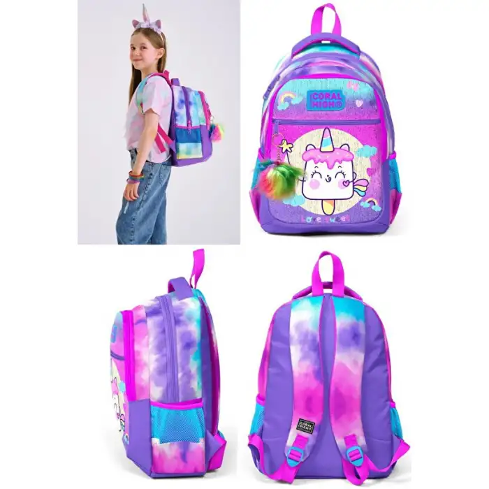CORAL HIGH KIDS RENKLİ BATİK UNICORN DONDURMA DESENLİ ÜÇ BÖLMELİ OKUL SIRT ÇANTASI 23480