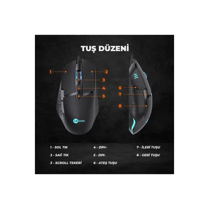 LENOVO LECOO MG1101 6400 DPI 8 TUŞLU KABLOLU RGB LED AYDINLATMALI