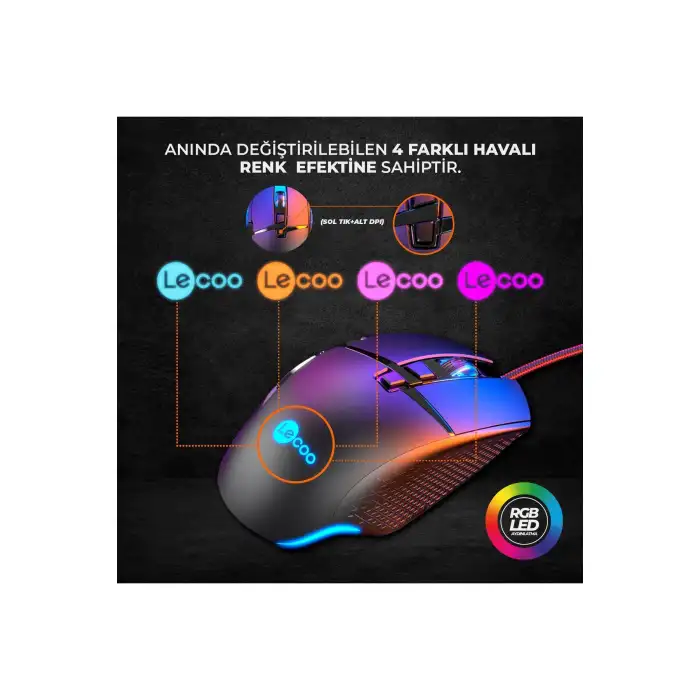 LENOVO LECOO MG1101 6400 DPI 8 TUŞLU KABLOLU RGB LED AYDINLATMALI