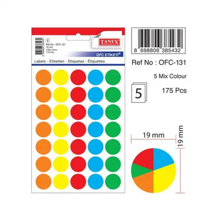 TANEX OFC-MX131 19mm KARIŞIK RENKLİ YUVARLAK ETİKET 5Lİ