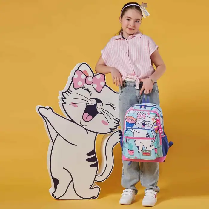 CORAL HIGH KIDS TURKUAZ PEMBE DONDURMALI KEDİ DESENLİ OKUL SIRT ÇANTASI 23751