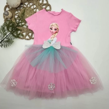 5-6-7 Yaş Elsa Desenli Fiyonklu Tül Etekli Astarlı Kısa Kollu Kız Çocuk Tütü Elbise Pembe