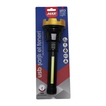 BÜYÜK=24CM 2İN1= OSL LED - COB LED USB ŞARJLI EL FENERİ 3-KADEME IŞIK - FLAŞÖR ŞARJ GÖSTERGE (4172)