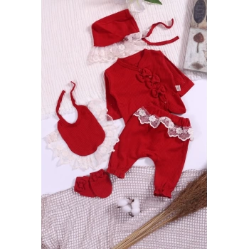 Dantel İşlemeli Fisto Detaylı Kız Bebek 5 Parça %100 Pamuk Hastane Çıkışı