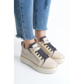 DINA Bağcıklı Fermuarlı Ortopedik Taban Kadın Sneaker Spor Ayakkabı  KT - Krem/Gri/Altın