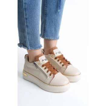 DINA Bağcıklı Fermuarlı Ortopedik Taban Kadın Sneaker Spor Ayakkabı  KT - Krem/Taba/Altın