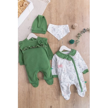 Fırfırlı 4li Uzun Kollu Kız Bebek Tulum Takım