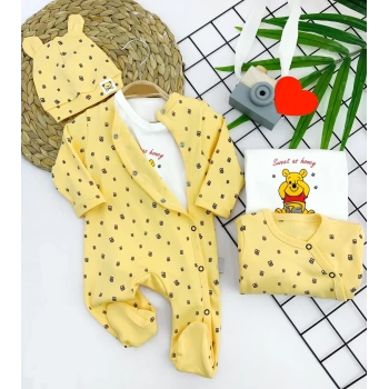 3-6-9-12 Ay Pooh Desenli Şapkalı Sweatli 3lü Kız Erkek Bebek Tulum Sarı