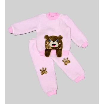 1-2-3 Yaş Sallanan El Ayıcıklı Kuzu Kumaş Sweat Patili Pantolon Uzun Kollu Kız Erkek 2 Li Takımı Pembe